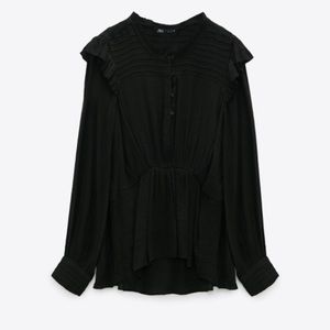 ZARA Sheer Black Pleated Flowy Tunic Top Button Down Blouse